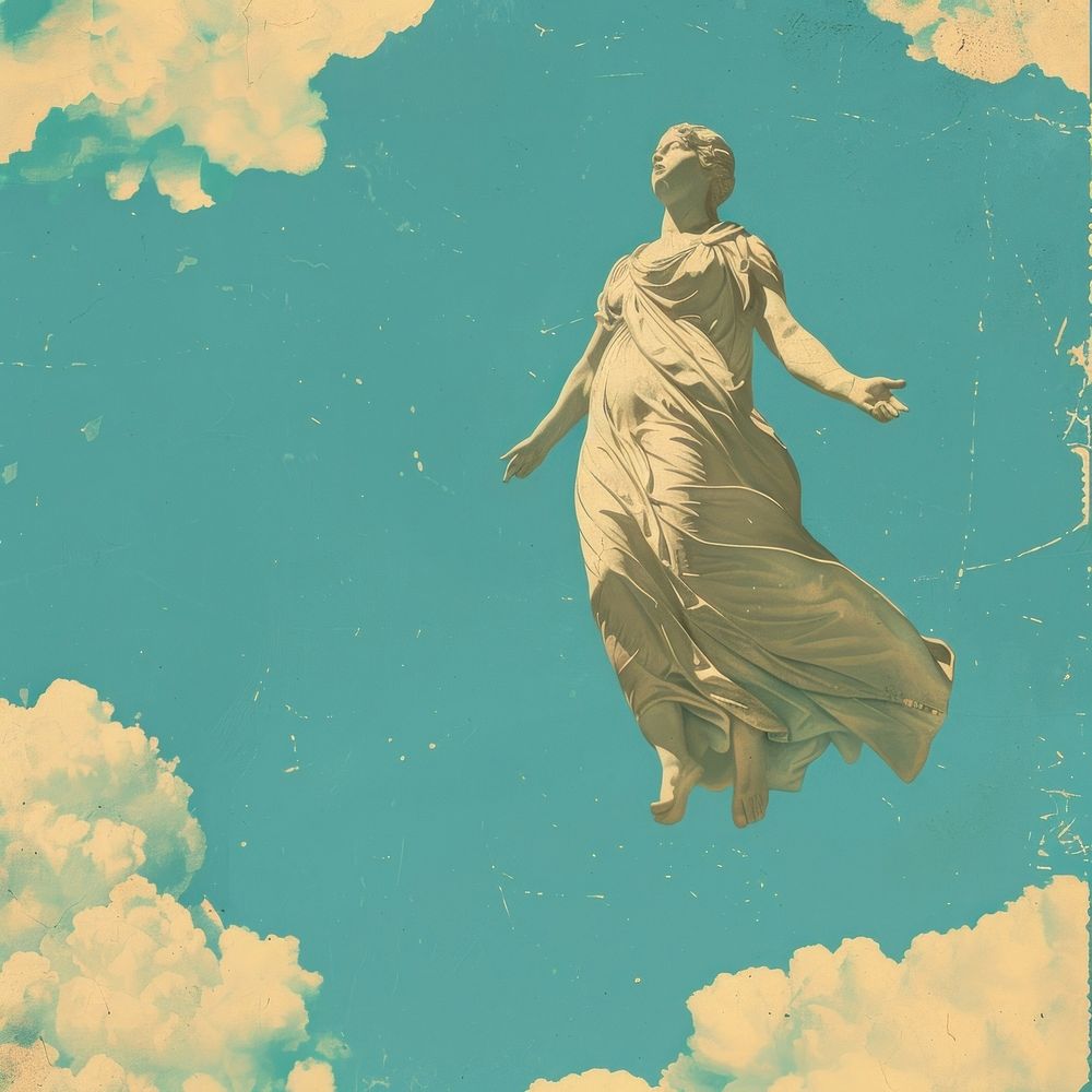 Vintage illustration with statue sky painting outdoors.
