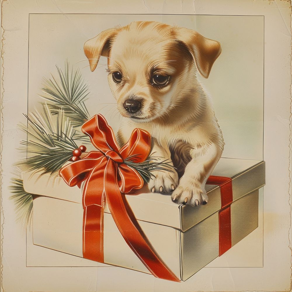Vintage illustration with puppy box mammal animal.