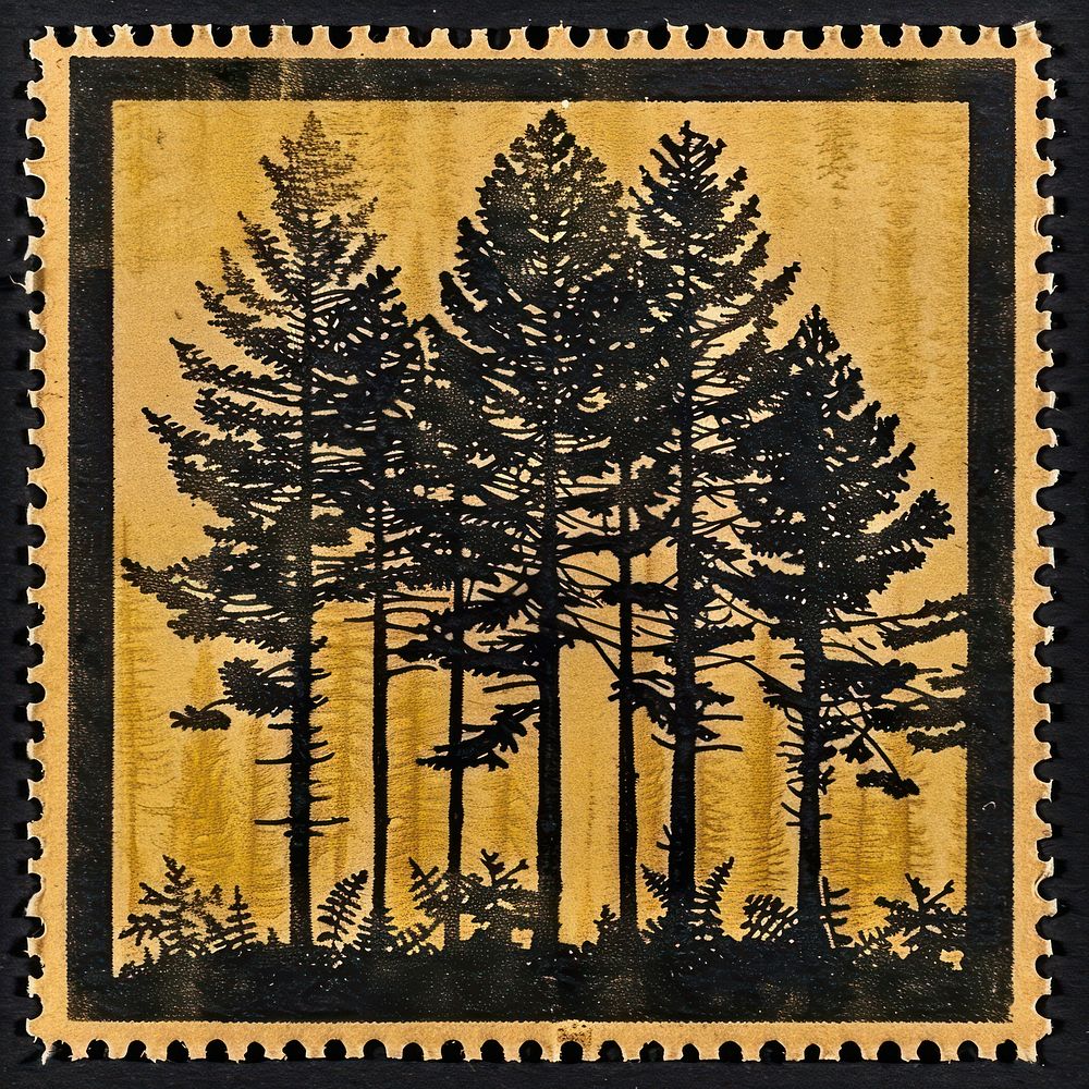 Vintage postage stamp with forest plant tree art.