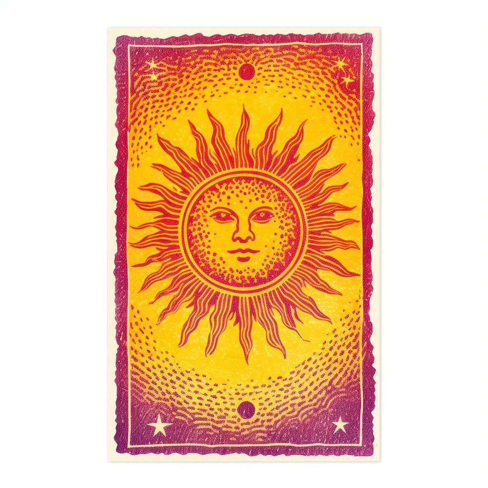 Tarot card Risograph style art sun white background.