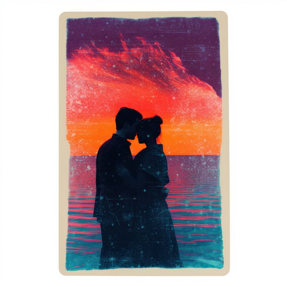 Tarot card Risograph style silhouette kissing adult.