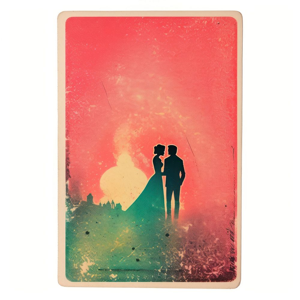 Tarot card Risograph style silhouette love white background.