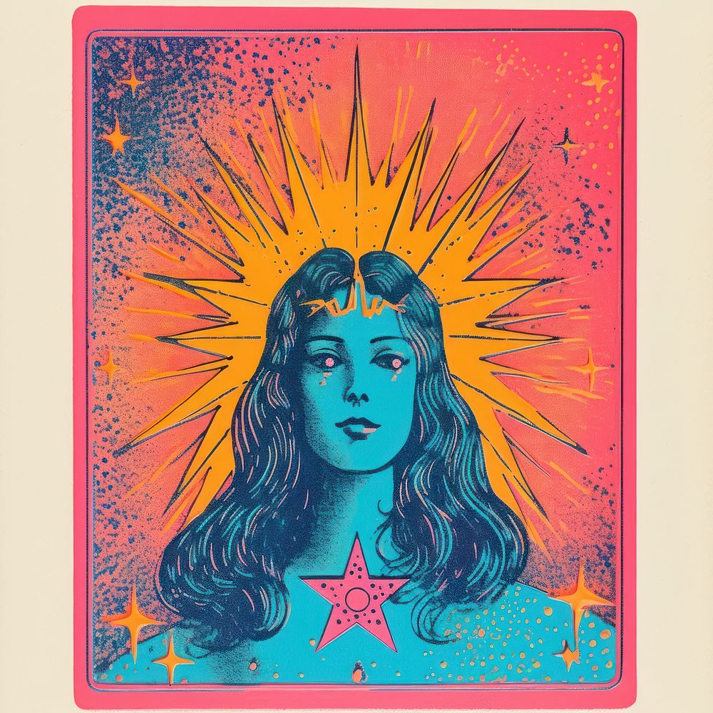 Tarot card Risograph style painting portrait drawing.