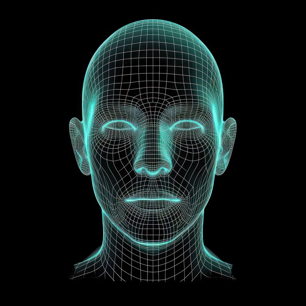 Glowing wireframe of human head futuristic portrait line.