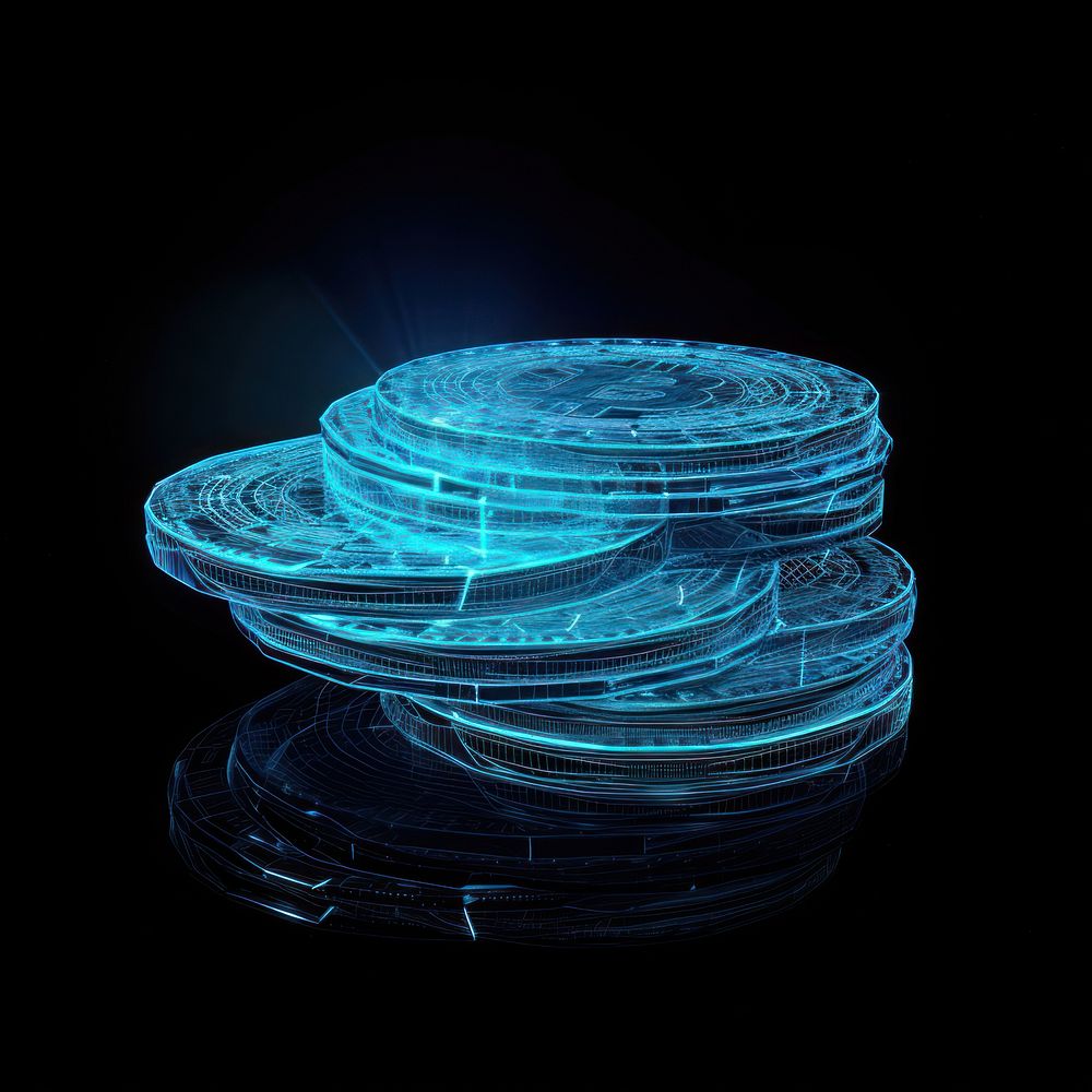 Glowing wireframe of coins blue black background technology.
