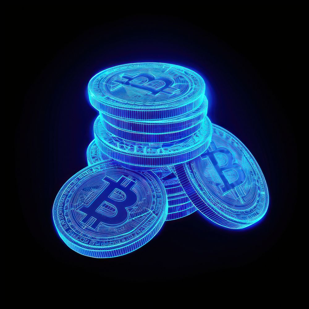 Glowing wireframe of coins money night blue.