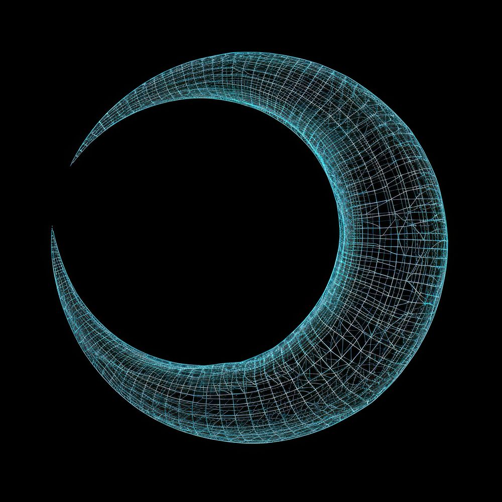 Glowing wireframe of crescent moon astronomy night black background.