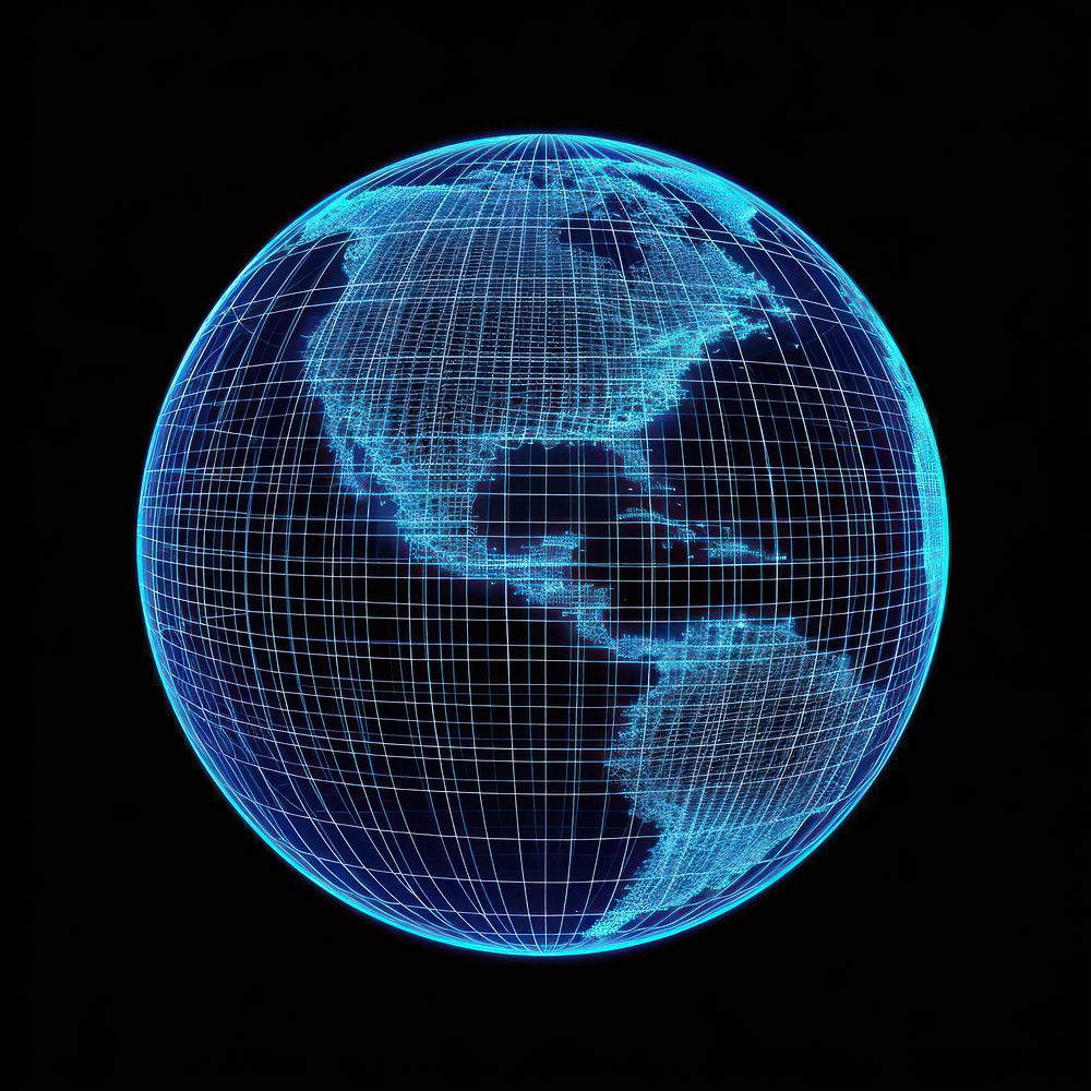 Glowing wireframe of earth futuristic planet globe.
