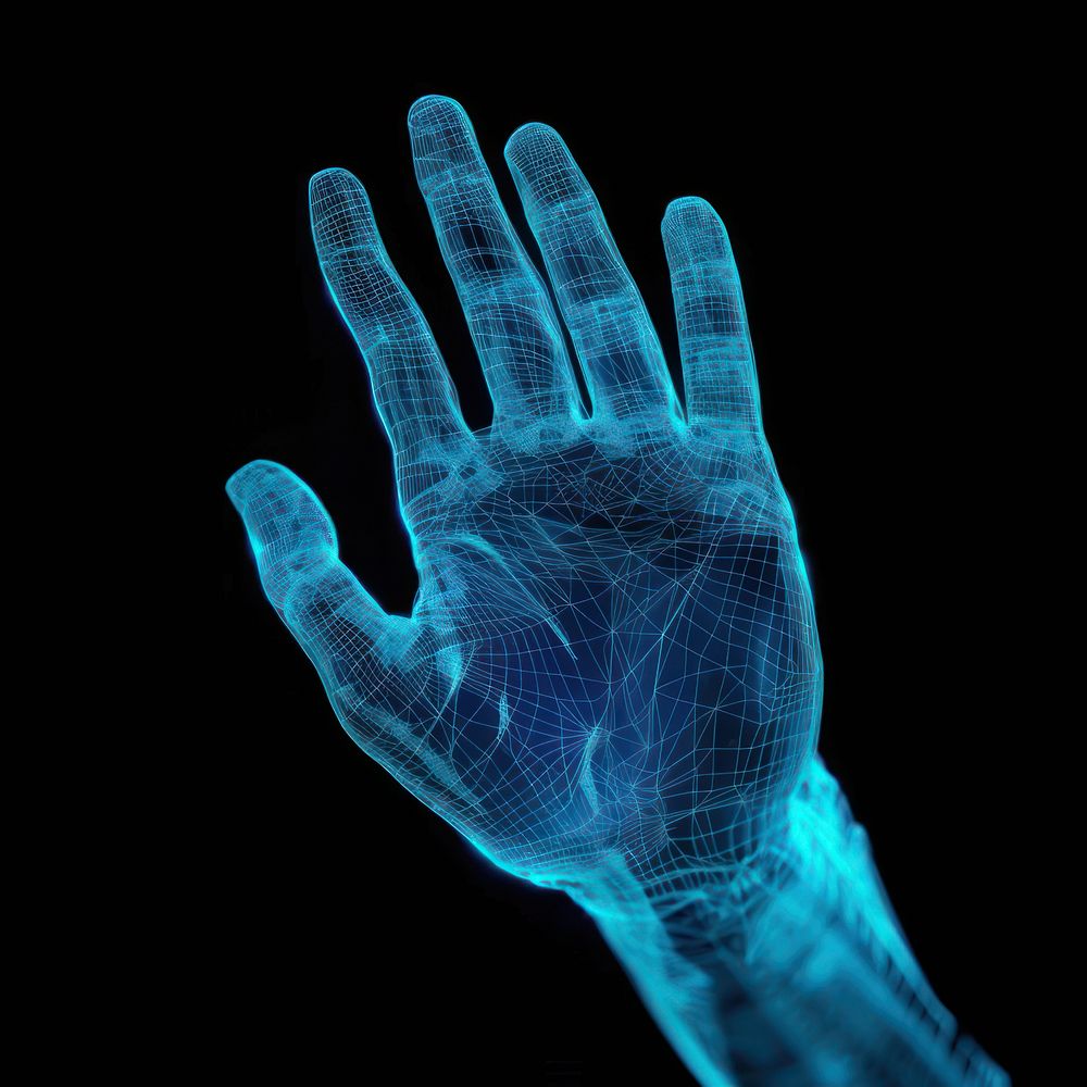 Glowing wireframe of hand futuristic blue black background.