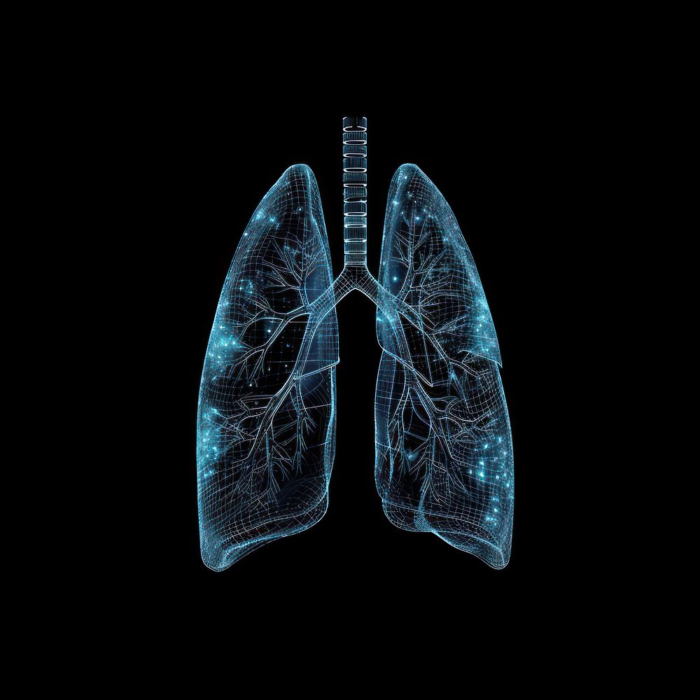 Glowing wireframe of lung blue black background radiography.