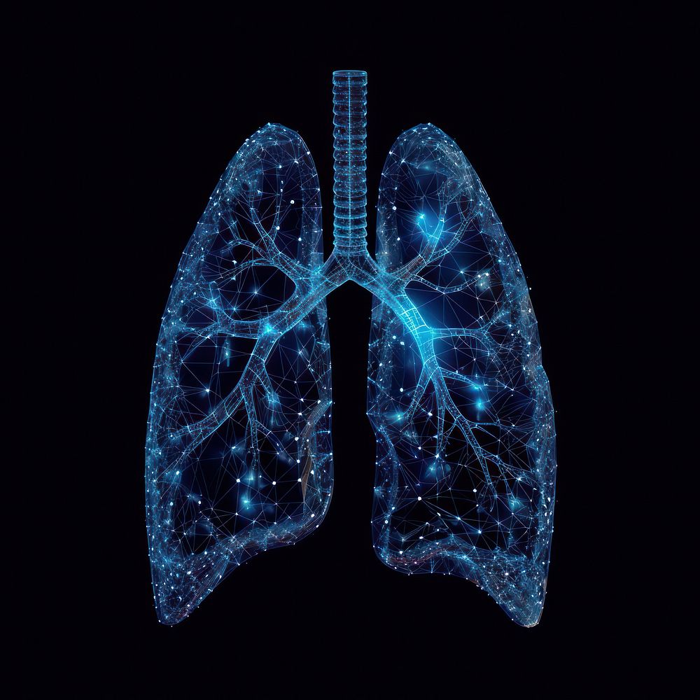 Glowing wireframe of lung blue black background radiography.