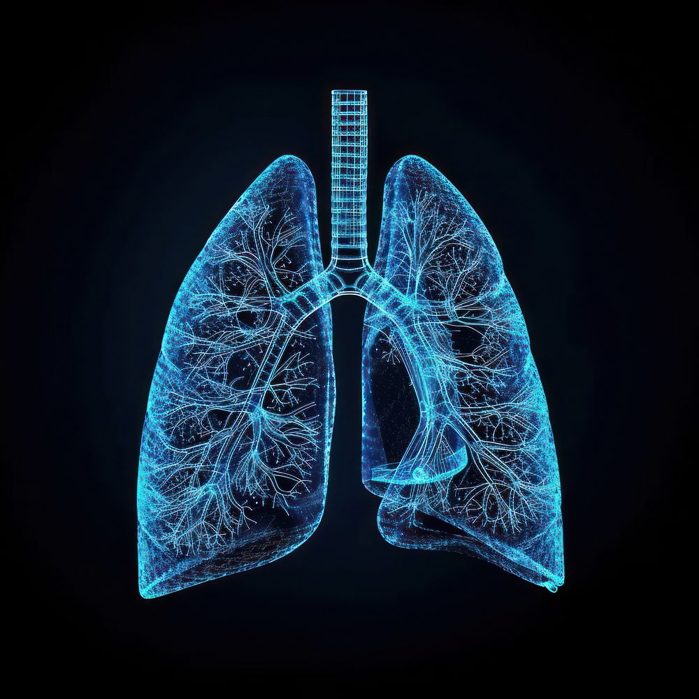 Glowing wireframe of lung blue black background tomography.