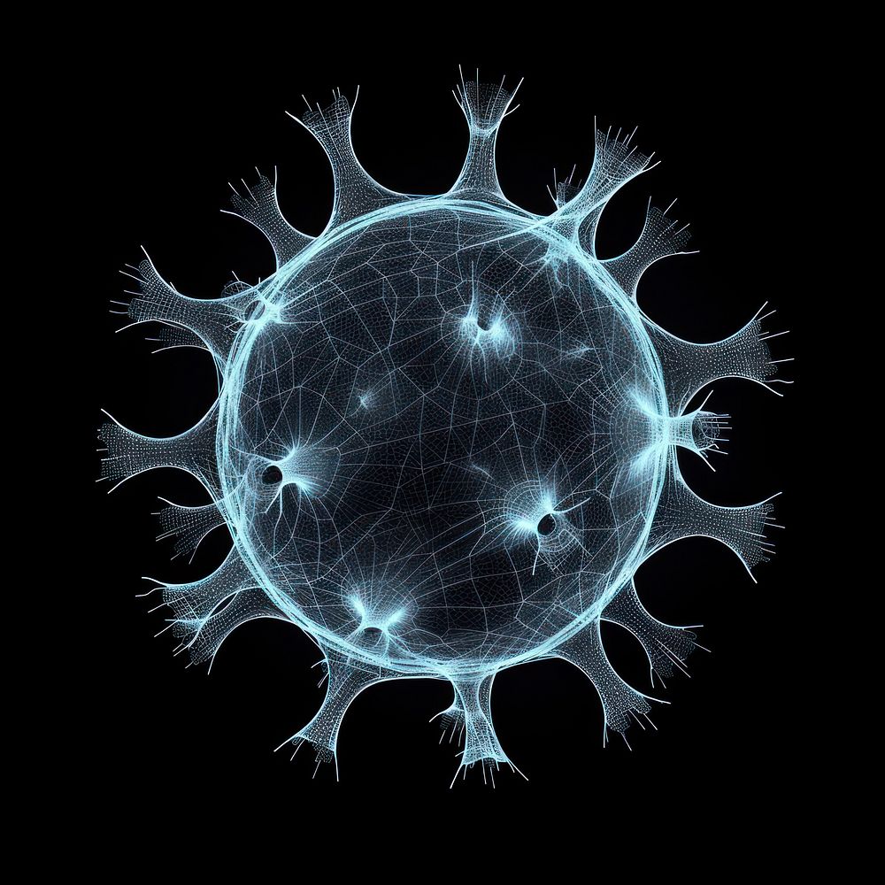 Glowing wireframe of plain virus shape sphere black background microbiology.