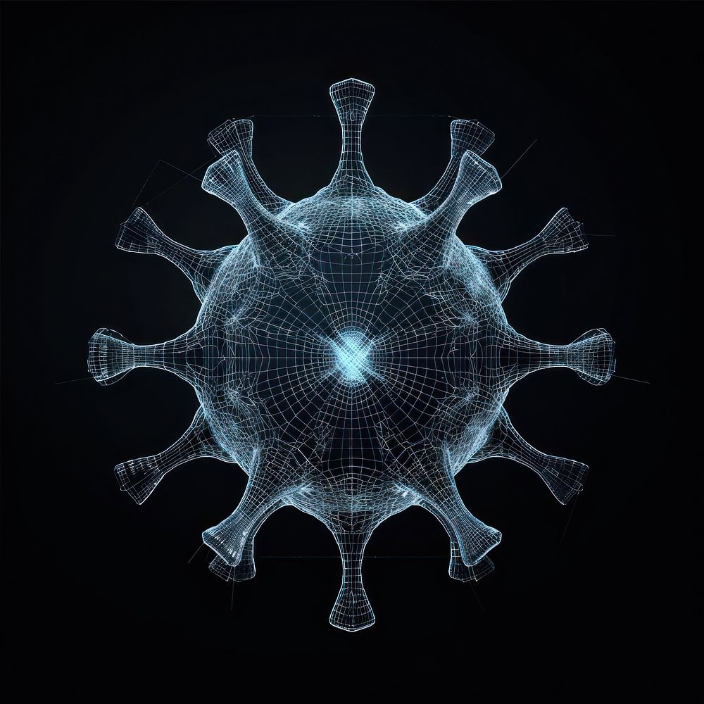 Glowing wireframe of plain virus shape futuristic pattern black background.
