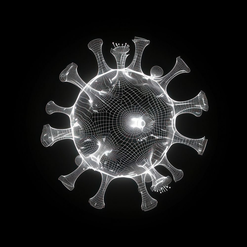 Glowing wireframe of plain virus shape black black background accessories.