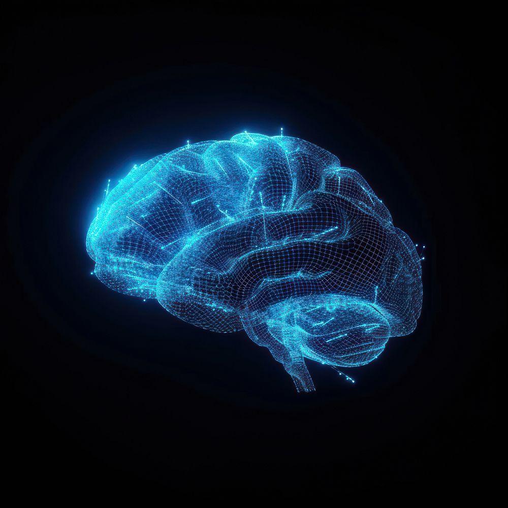 Glowing wireframe of brain blue black background invertebrate.