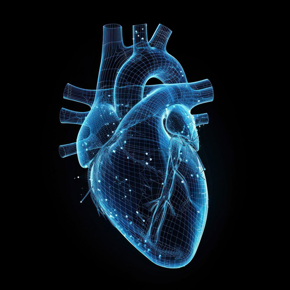 Glowing wireframe of heart blue black background technology.