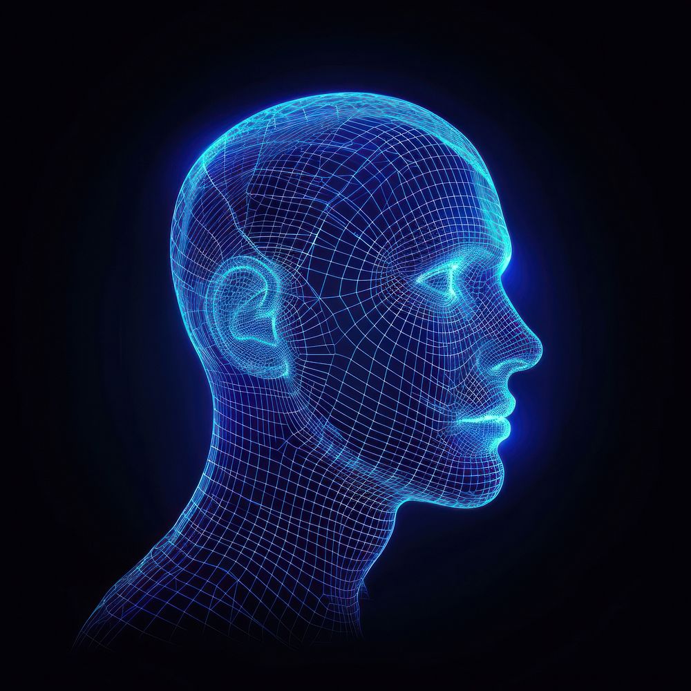 Glowing wireframe of human head futuristic line black background.
