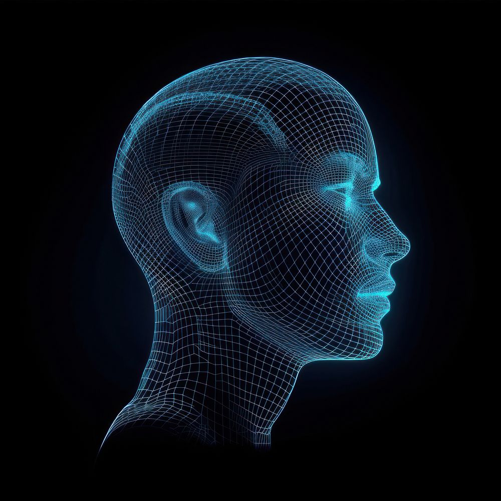 Glowing wireframe of human head futuristic portrait black background.