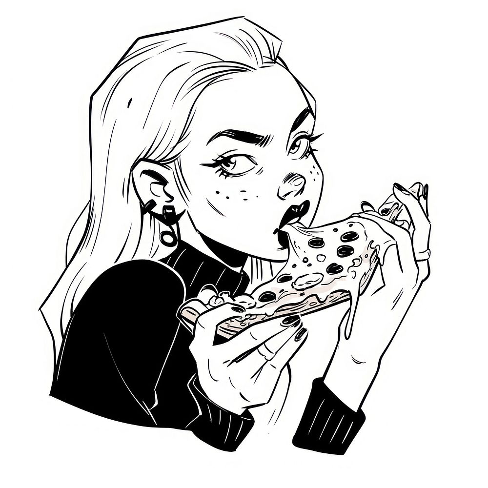 Woman eating pizza sketch drawing cartoon.