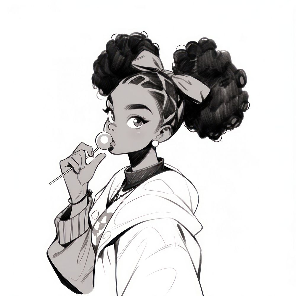 Black girl with lolipop sketch cartoon drawing.