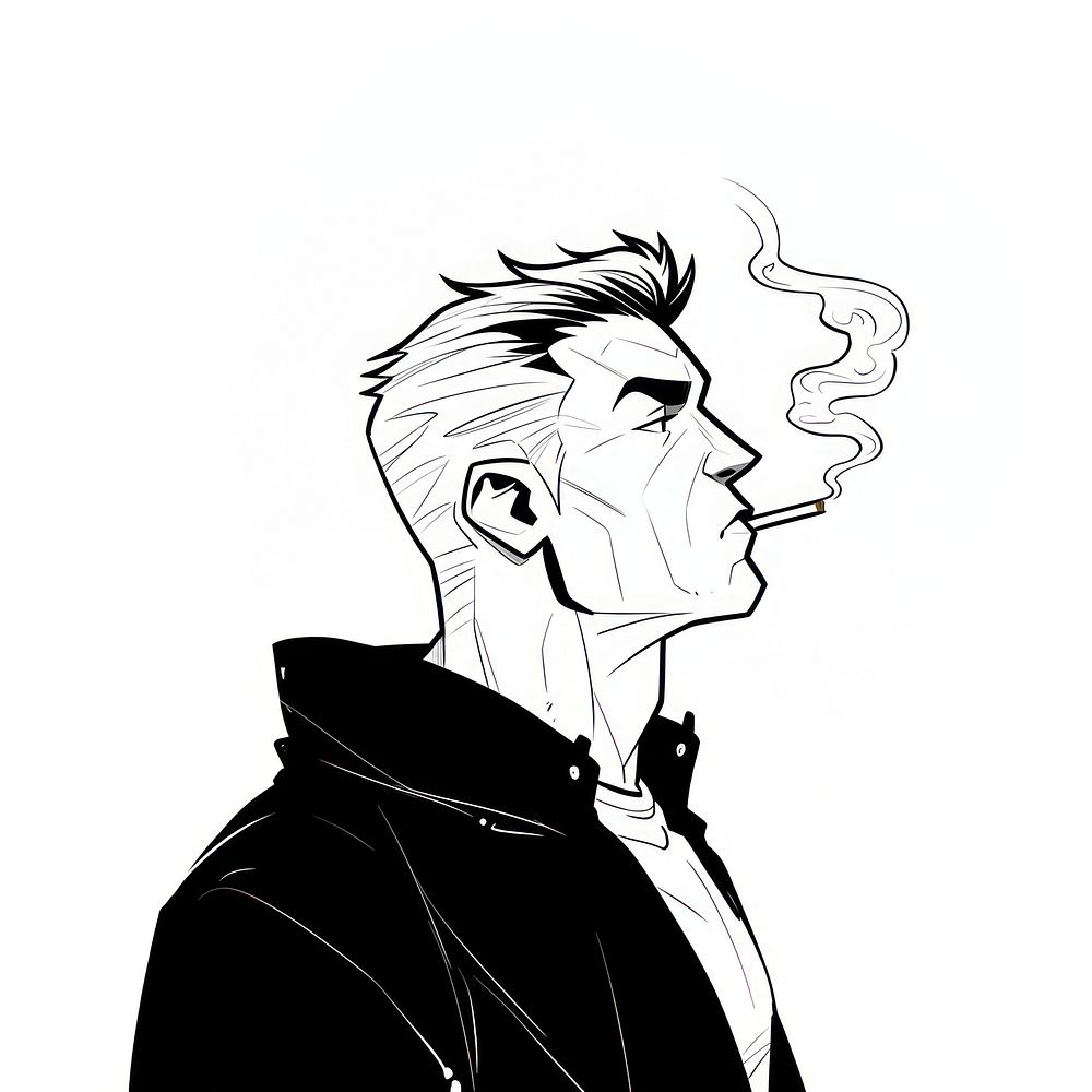 Man smoking cigarette sketch cartoon drawing.