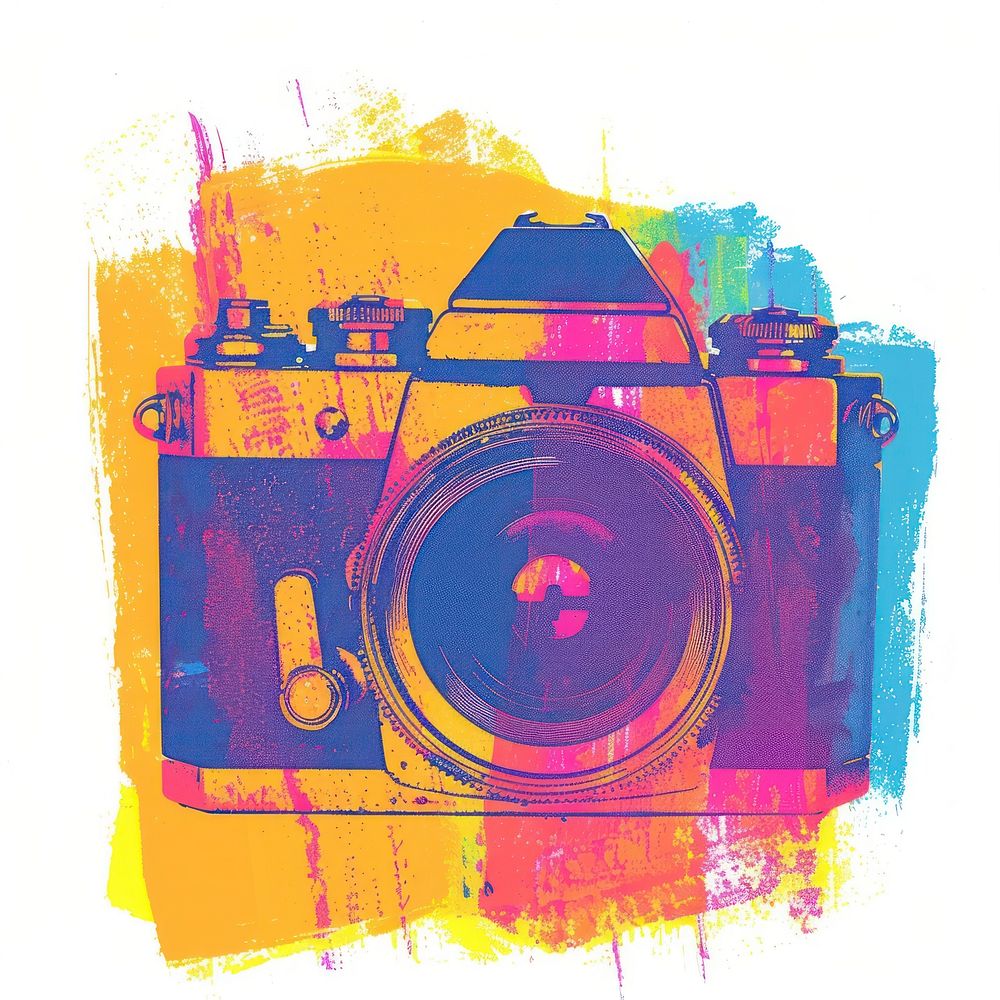 Camera Risograph style painting art white background.