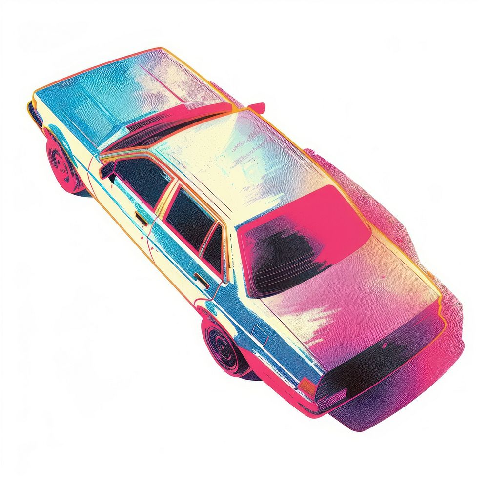 Car Risograph style vehicle toy white background.