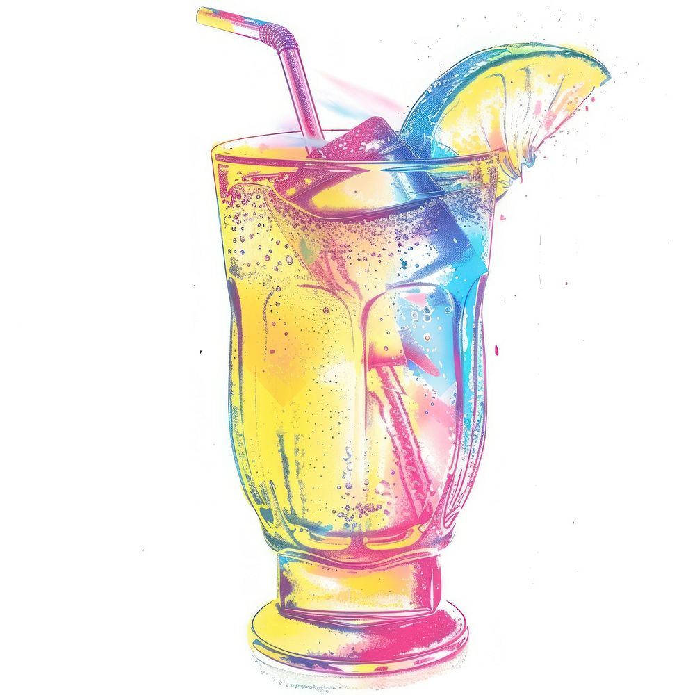 Cocktail Risograph style drink glass white background.