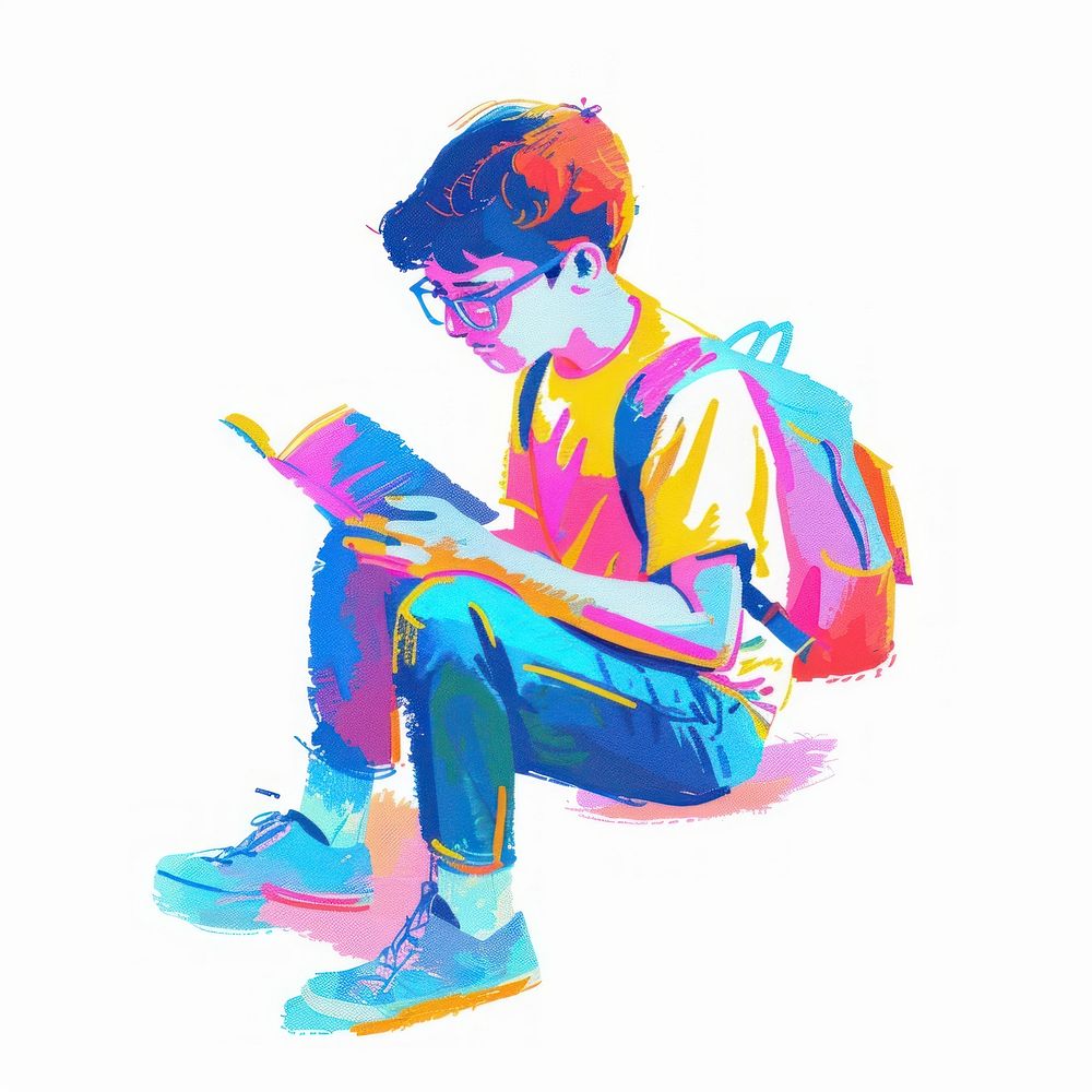 Boy reading Risograph style drawing sketch white background.