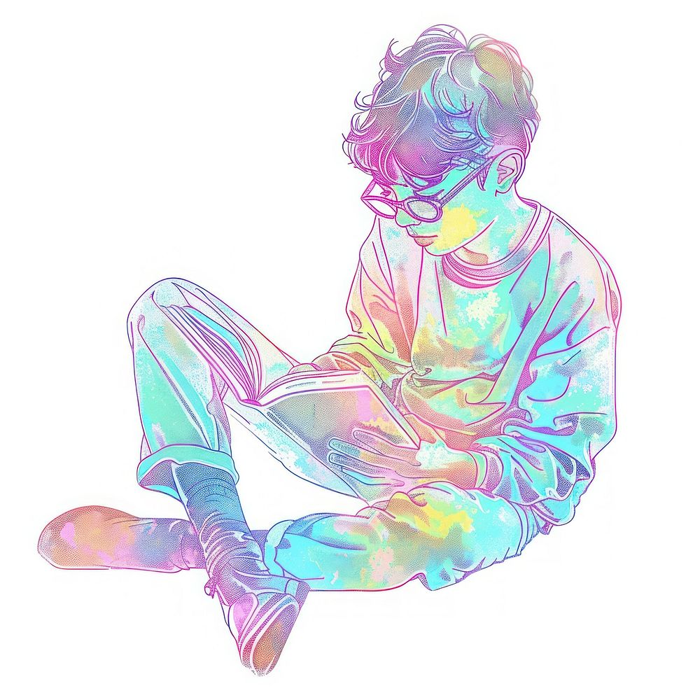 Boy reading Risograph style drawing sketch white background.