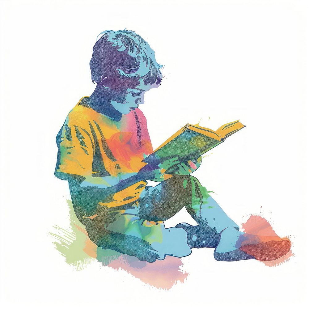 Boy reading Risograph style white background cross-legged publication.