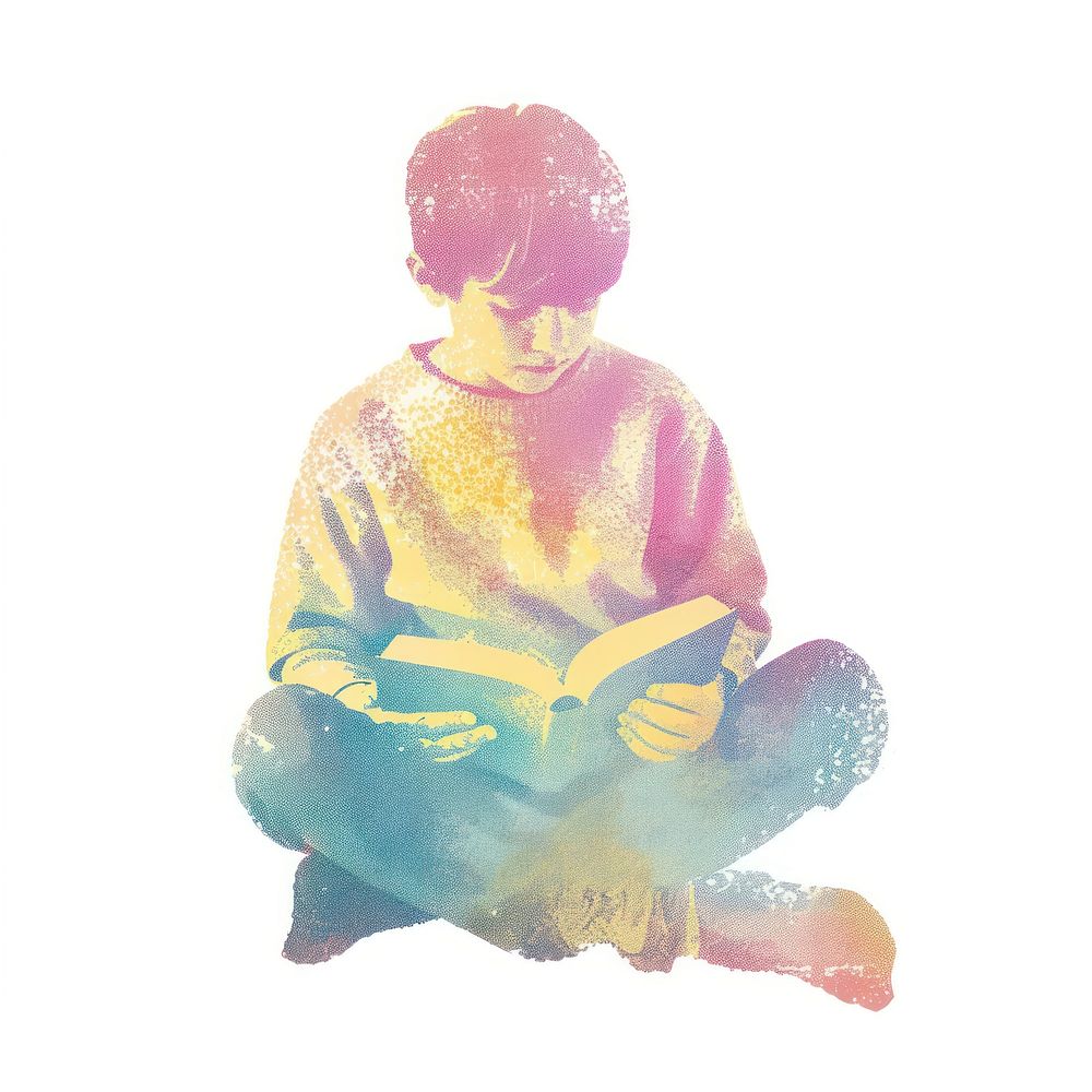 Boy reading Risograph style sitting white background cross-legged.