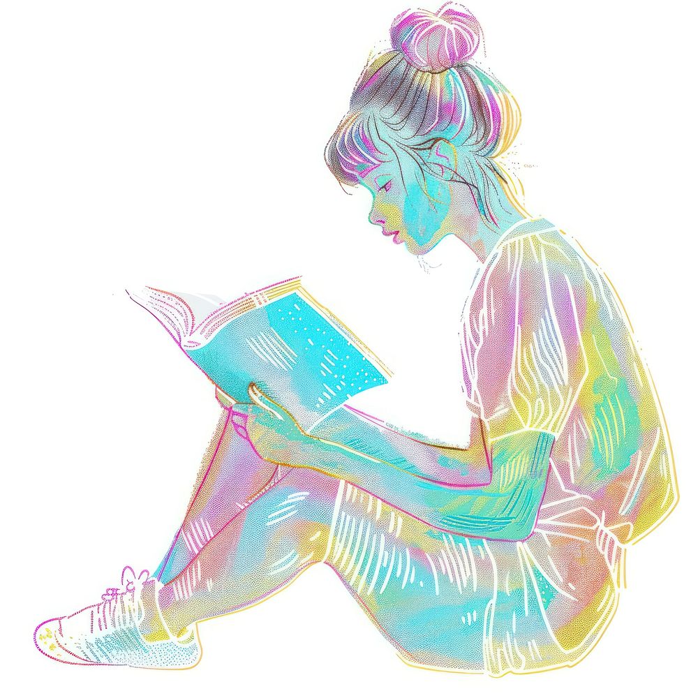 Girl reading Risograph style drawing sketch adult.