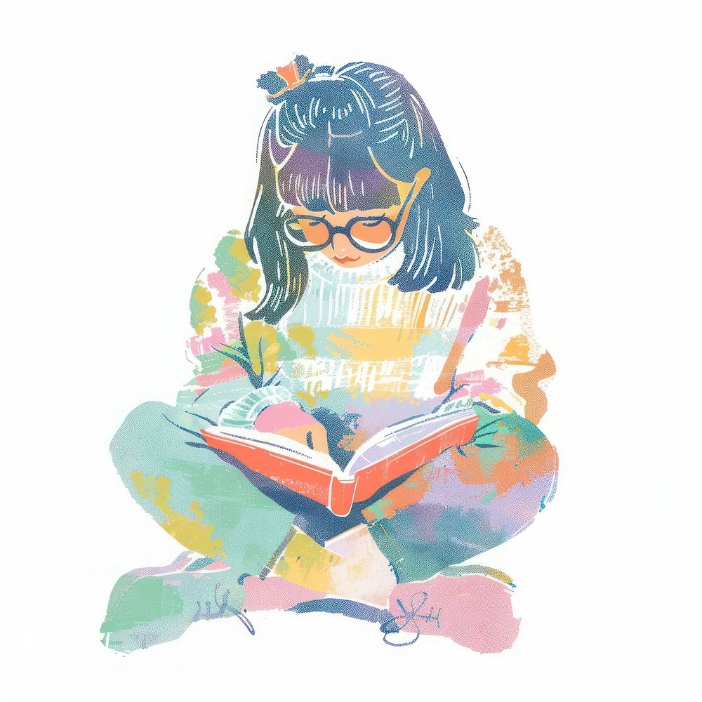 Girl reading Risograph style drawing sketch adult.