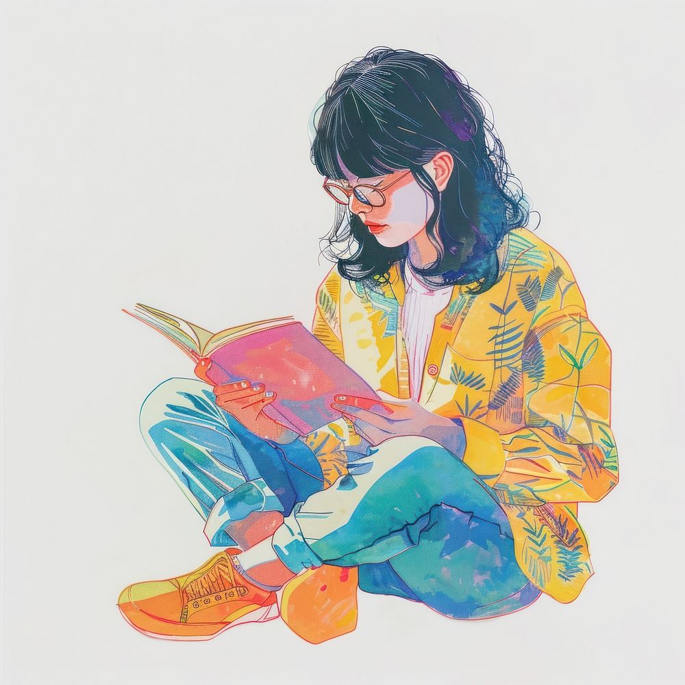 Girl reading Risograph style painting drawing sketch.