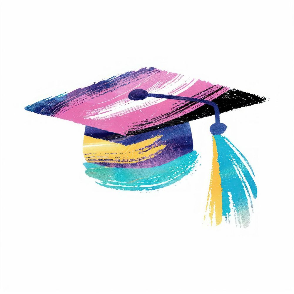 Graduation hat icon Risograph style text white background intelligence.