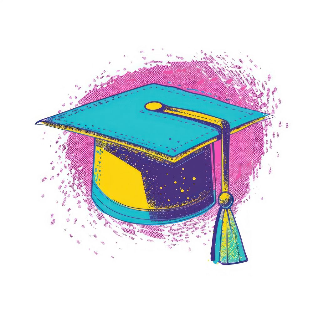Graduation hat icon Risograph style purple text white background.