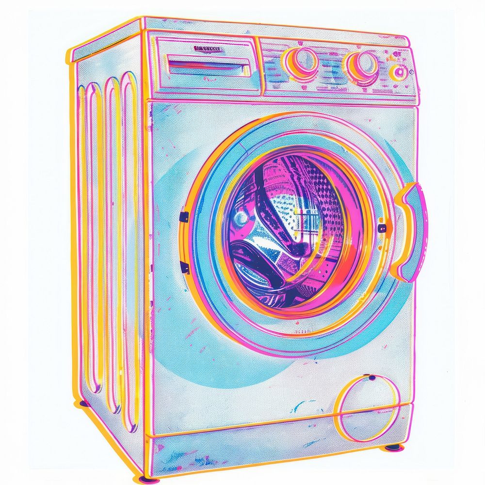 Washing machine Risograph style appliance dryer white background.