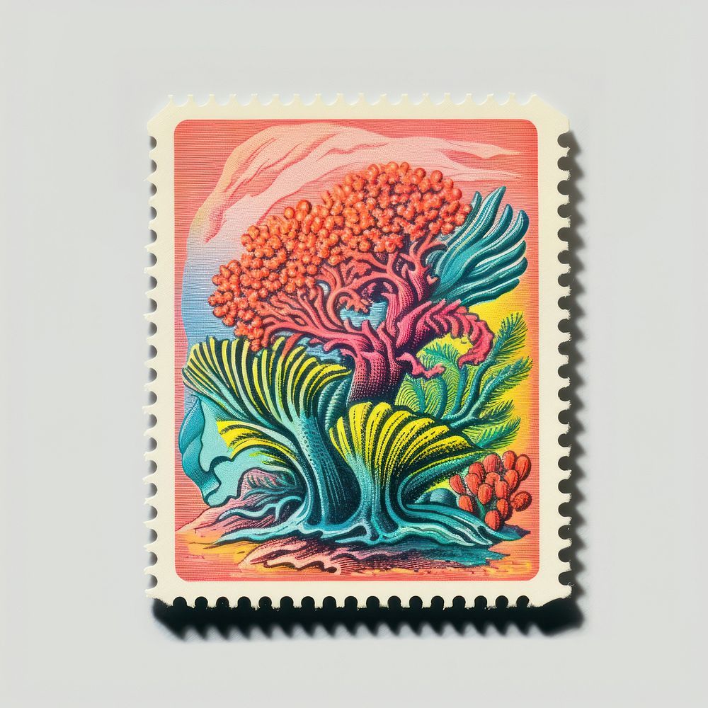 Coral Risograph style painting art postage stamp.