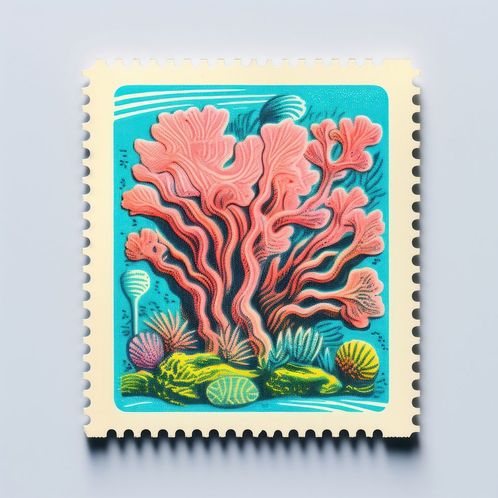 Coral Risograph style postage stamp underwater creativity.