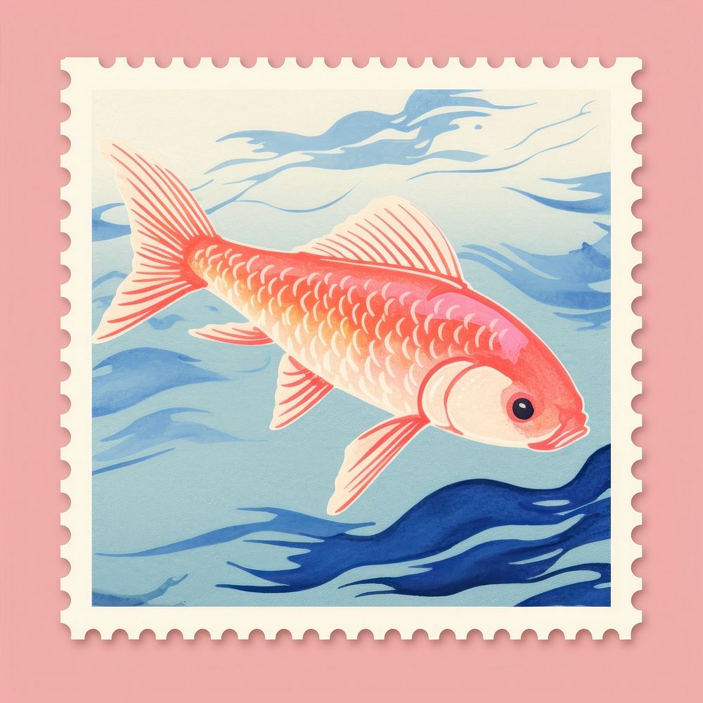 Koi fish Risograph style animal postage stamp underwater.