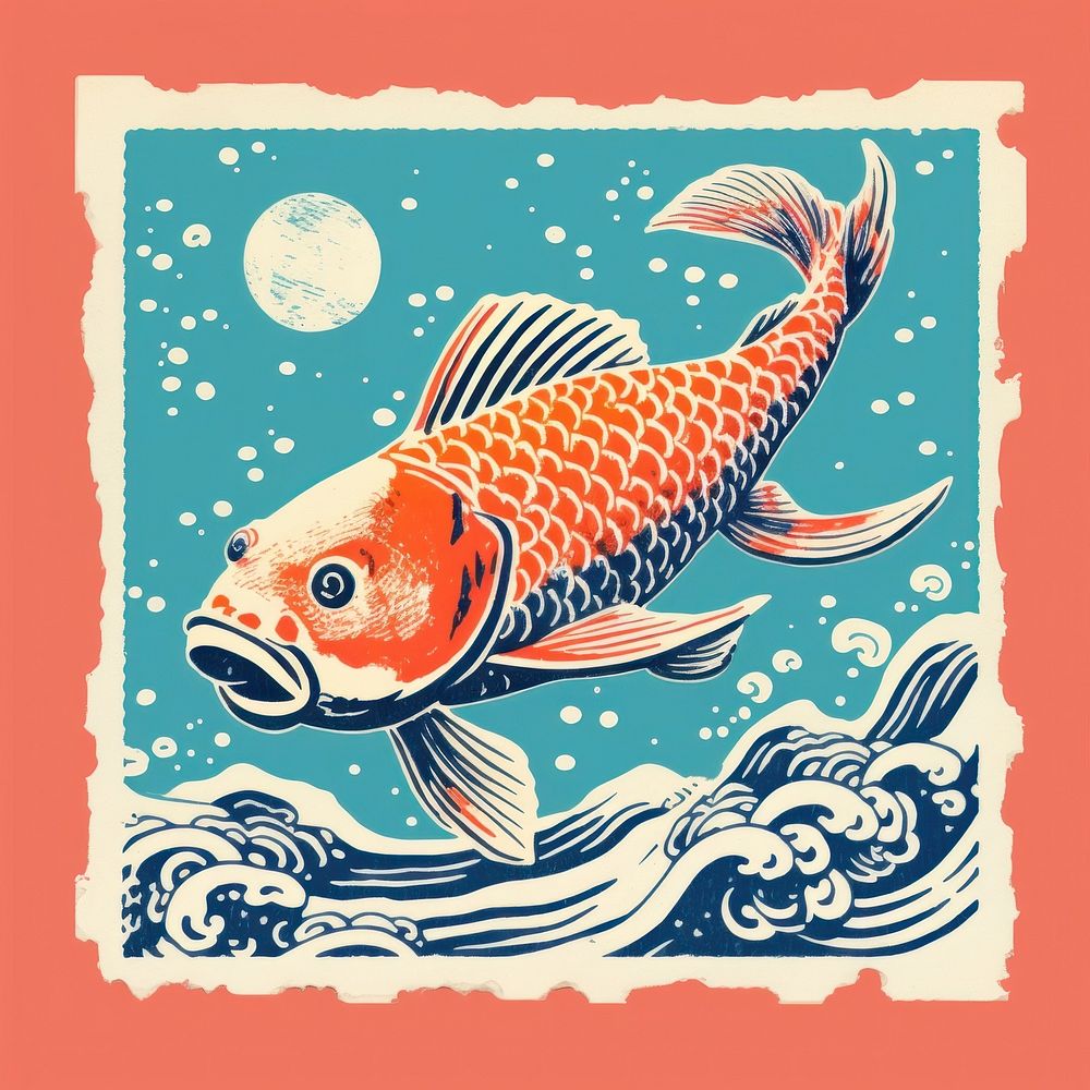 Koi fish Risograph style animal goldfish swimming.