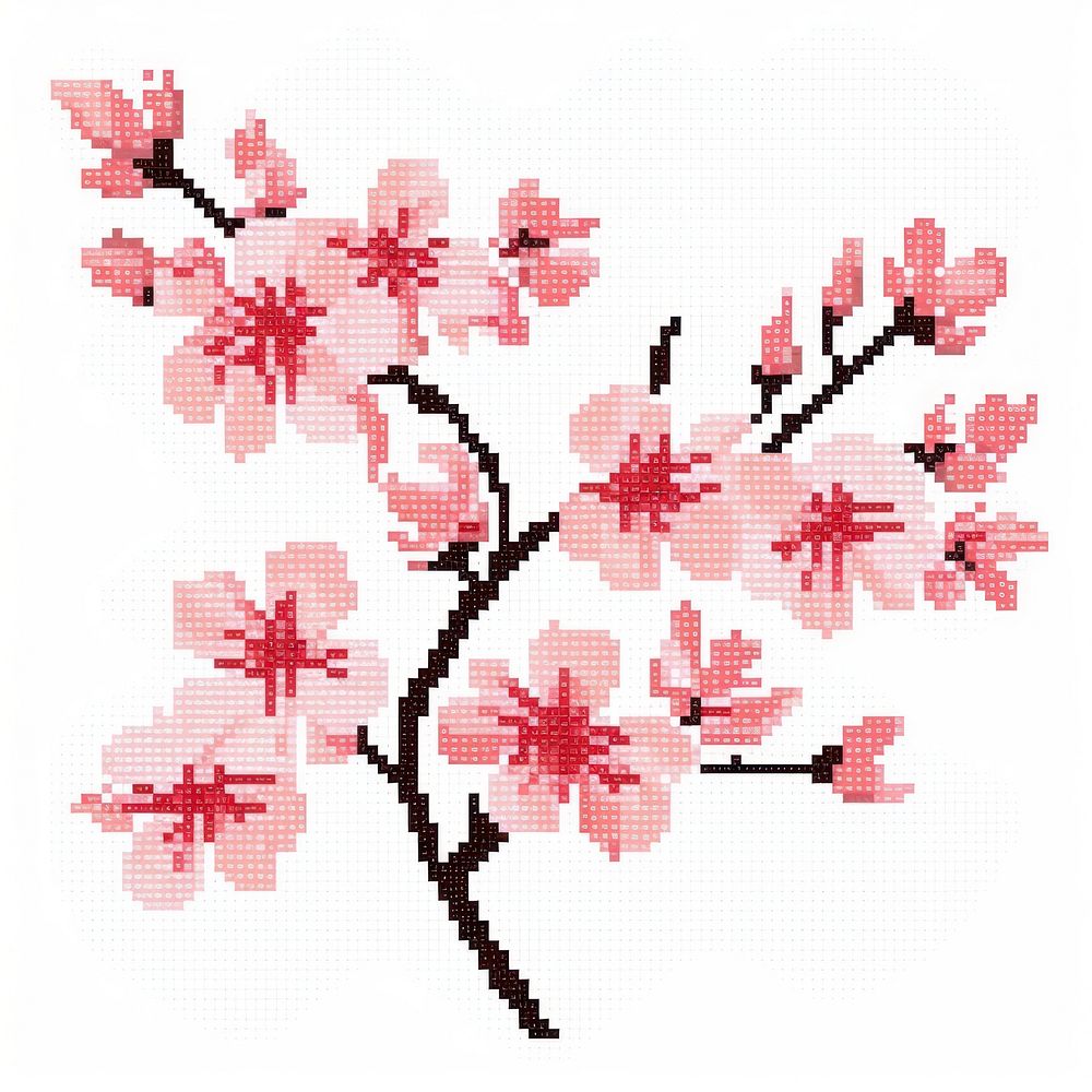 Cross stitch cherry blossom embroidery needlework flower.