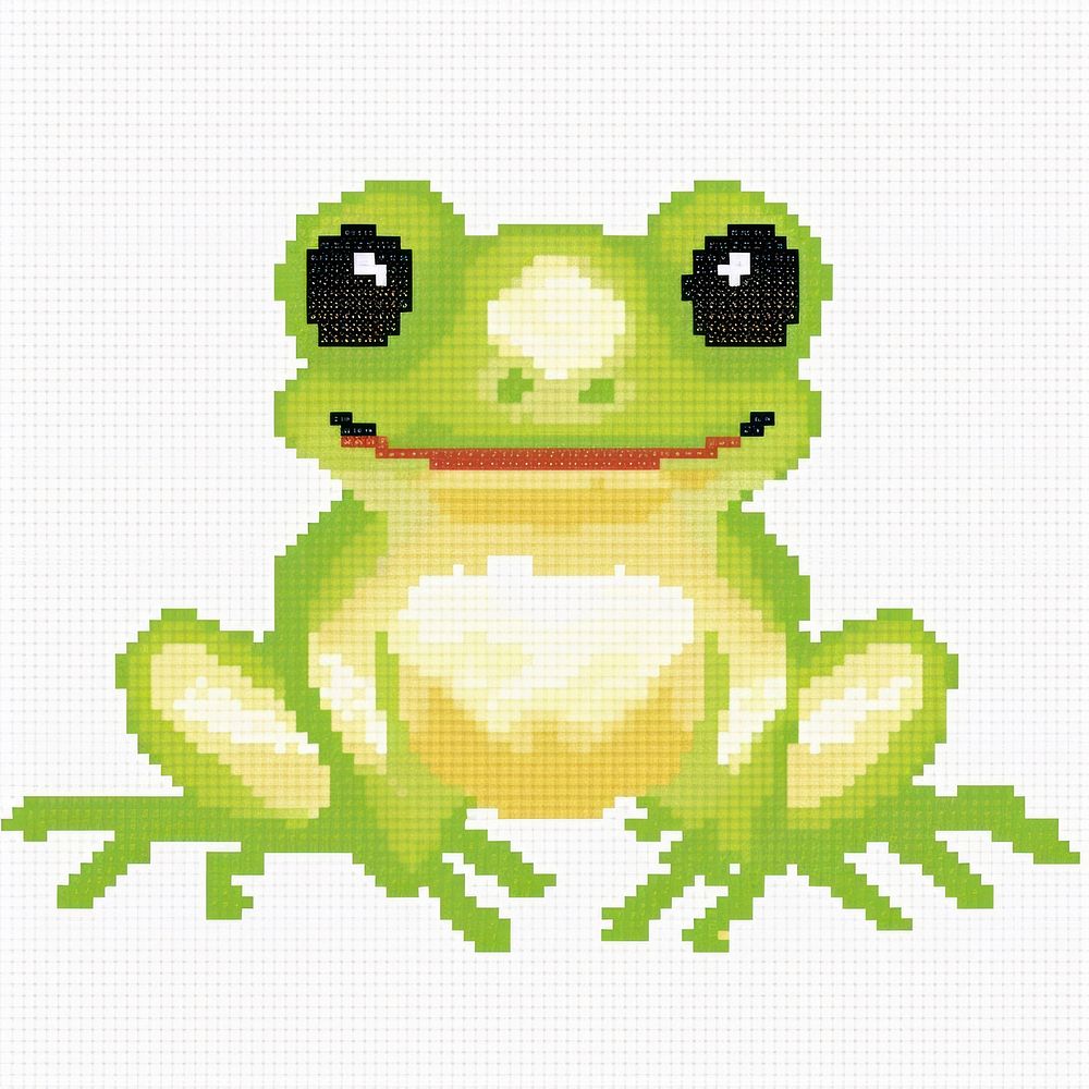Cross stitch frog amphibian animal representation.