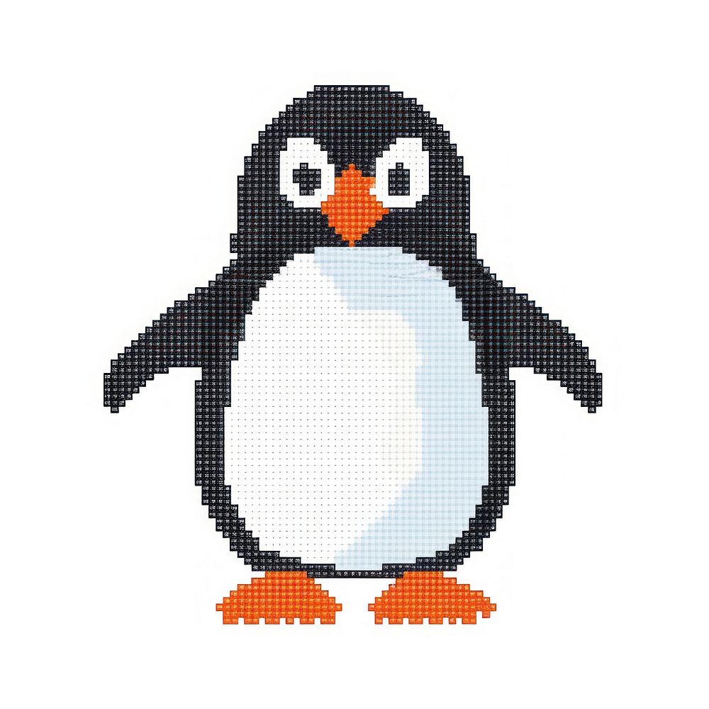 Cross stitch penguin animal bird white background.
