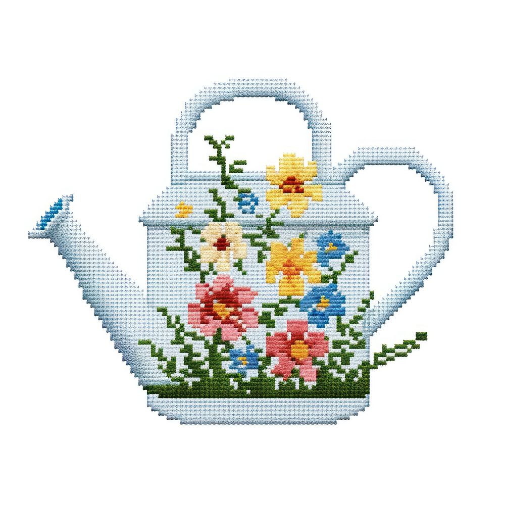Cross stitch watering can needlework embroidery teapot.