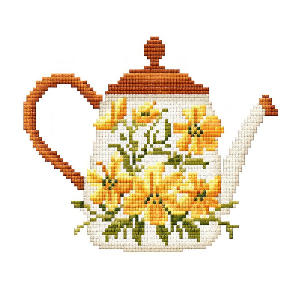 Cross stitch watering can teapot flower plant.