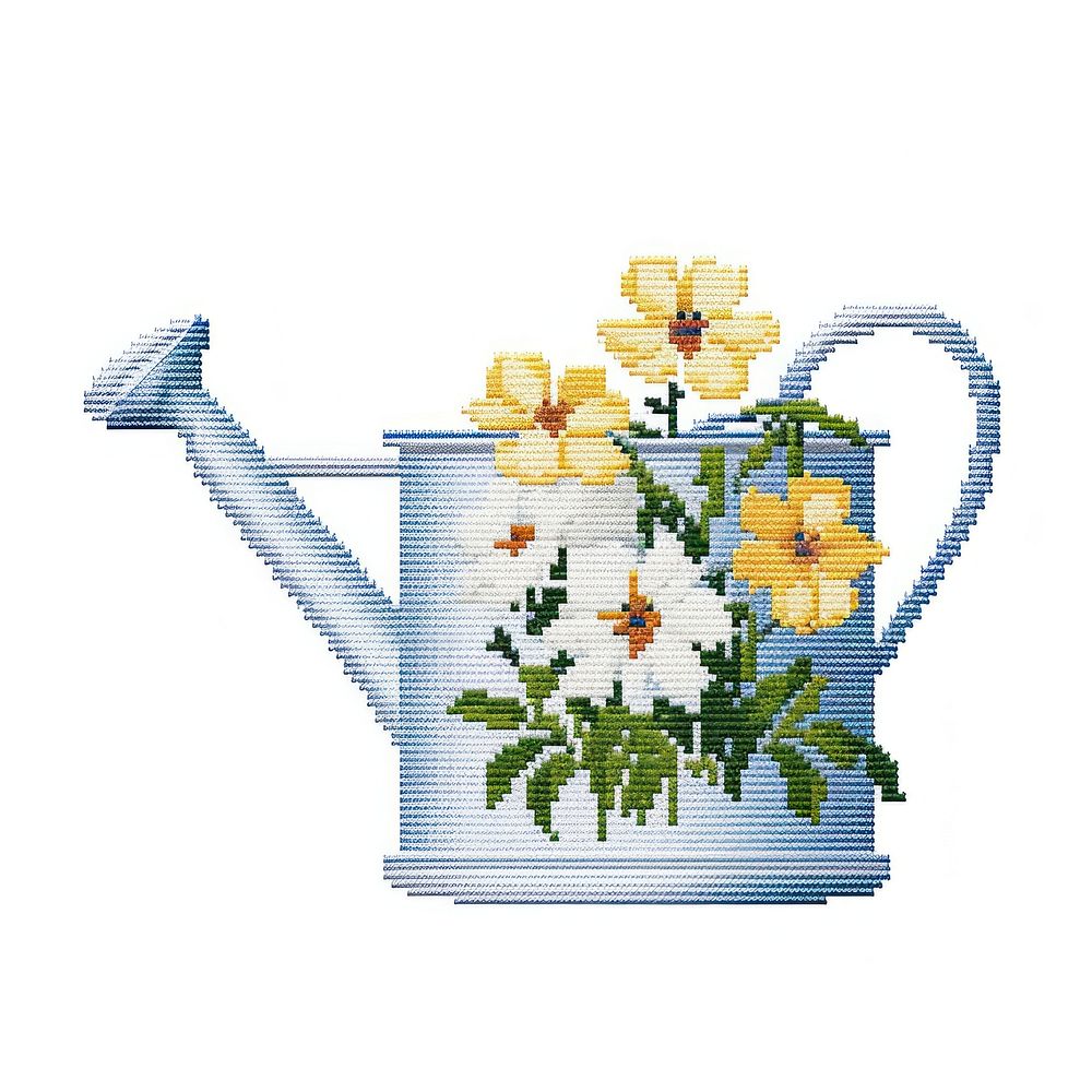 Cross stitch watering can needlework embroidery flower.