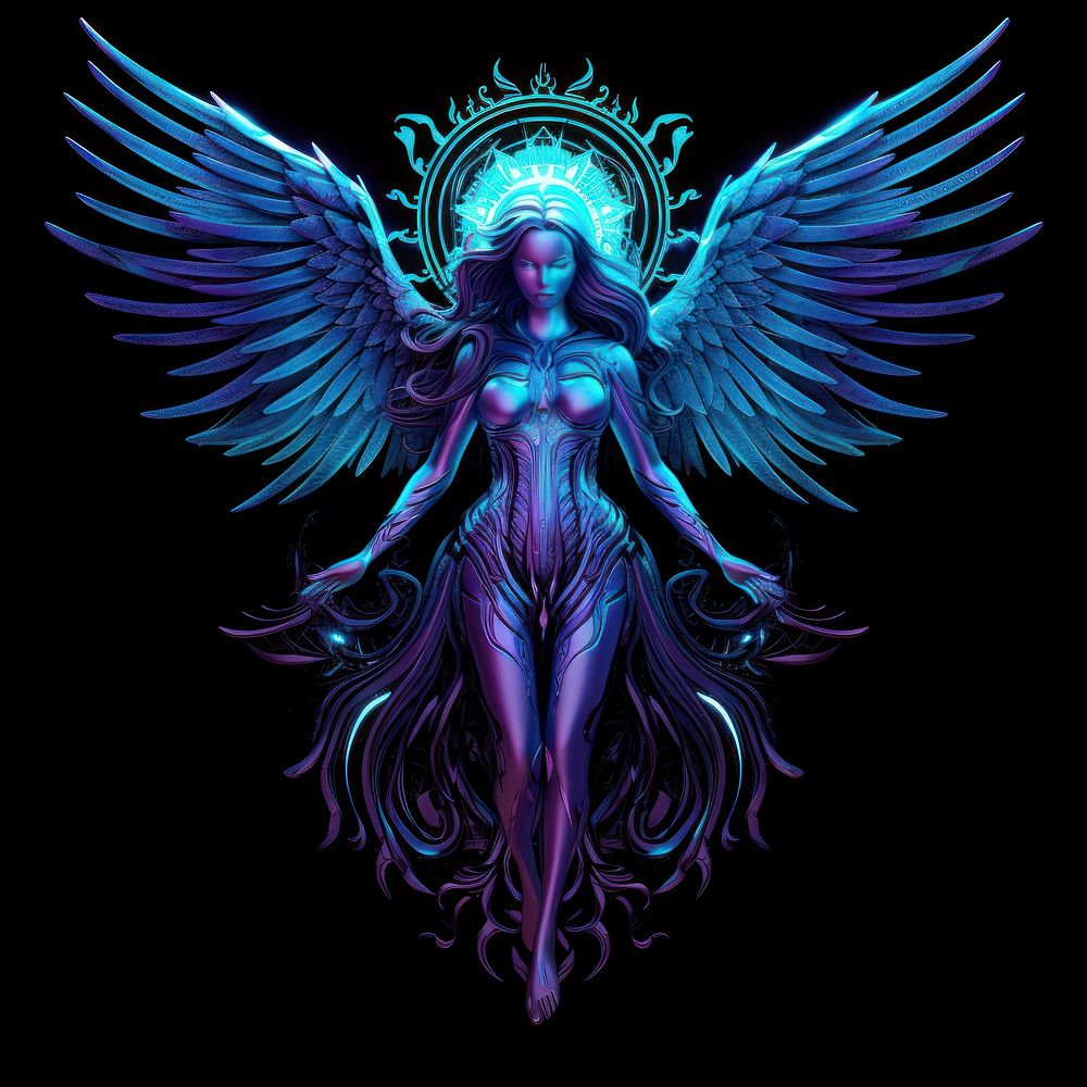 Neon angel adult black background representation.